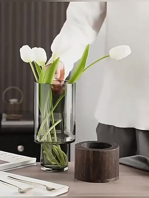 Luxe Glasvase mit Holzfuß - Elegant und Modern