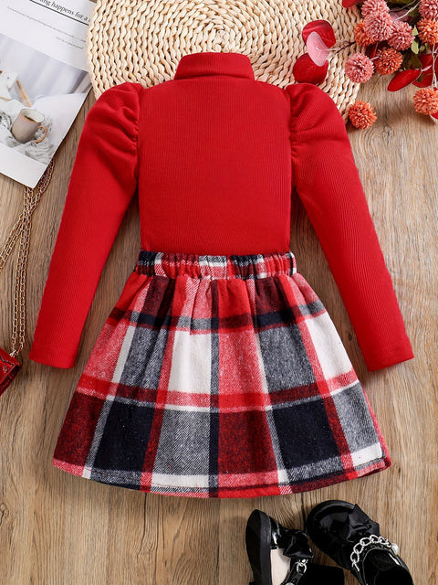 Feline Elegante Turtleneck Outfit für Kinder - Karierte Rock und Pullover Set