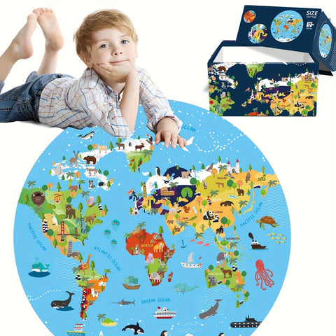 70-teilige Tierbodenpuzzle – Rundes Weltkarten-Design für Kinder