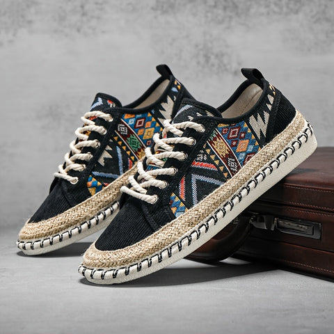 Boho Espadrille Sneakers für Herren – Atmungsaktives Canvas mit Bunt Gesticktem Design