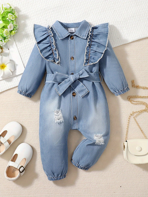 Denim Traumfänger Romper für Kinder – Verspielte Rüschen und coole Details
