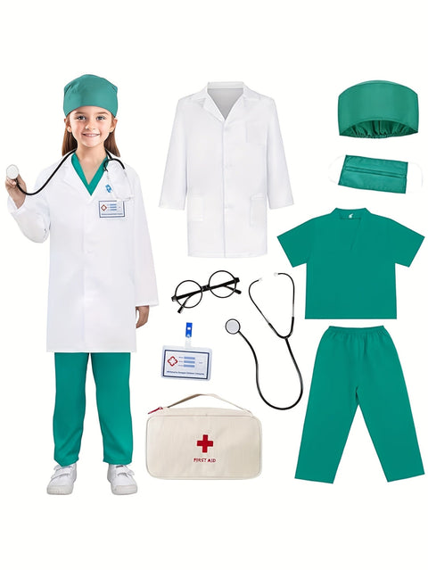 Kinder Arzt Kostüm Set – 9-teiliges Set mit Stethoskop und Erste-Hilfe-Tasche