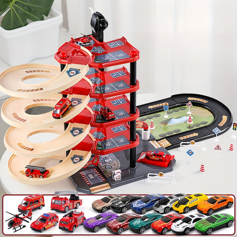 FirePark Garage Spielset - Mehrere Etagen mit Feuerwehrfahrzeugen und Verkehrsschildern
