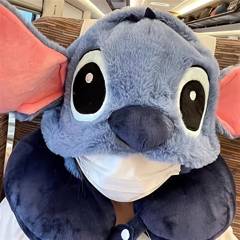Plüsch Stitch Reisnackkissen mit Kapuze - Komfortables U-förmiges Kissen mit Ohrenschützern