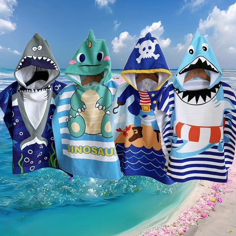 Cartoon Dinosaurier und Piraten Strandtuch für Kinder – Weiche Badedecke mit Kapuze