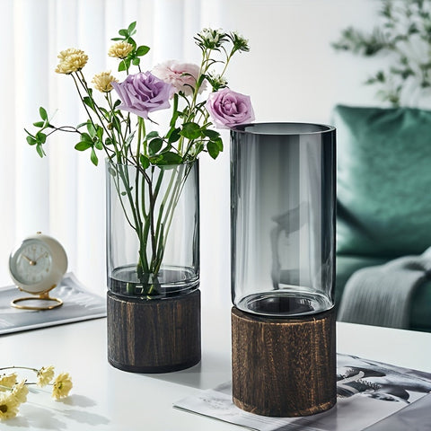 Luxe Glasvase mit Holzfuß - Elegant und Modern