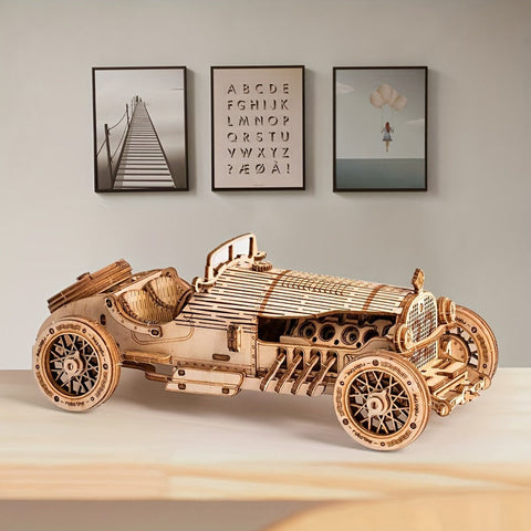 Vintage 3D Holzauto Puzzle – Mechanisches Modell mit Zahnrädern und Detailliertem Design