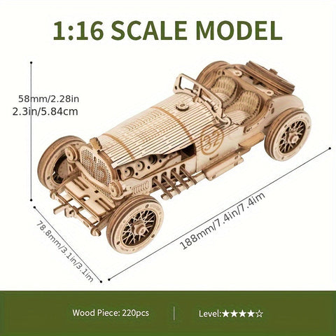 Vintage 3D Holzauto Puzzle – Mechanisches Modell mit Zahnrädern und Detailliertem Design