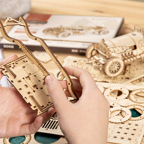 Vintage 3D Holzauto Puzzle – Mechanisches Modell mit Zahnrädern und Detailliertem Design
