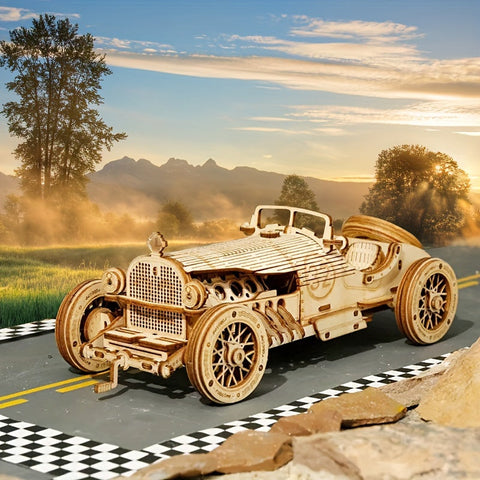 Vintage 3D Holzauto Puzzle – Mechanisches Modell mit Zahnrädern und Detailliertem Design