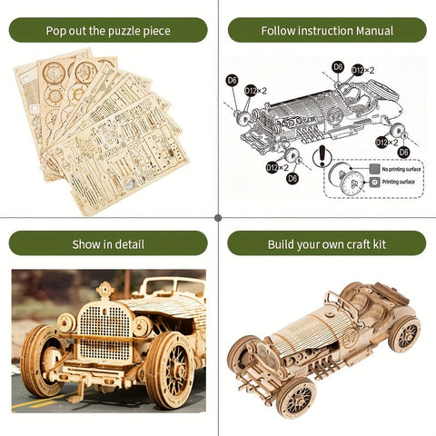 Vintage 3D Holzauto Puzzle – Mechanisches Modell mit Zahnrädern und Detailliertem Design