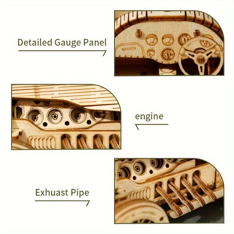Vintage 3D Holzauto Puzzle – Mechanisches Modell mit Zahnrädern und Detailliertem Design