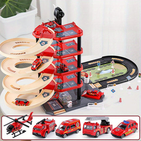 FirePark Garage Spielset - Mehrere Etagen mit Feuerwehrfahrzeugen und Verkehrsschildern