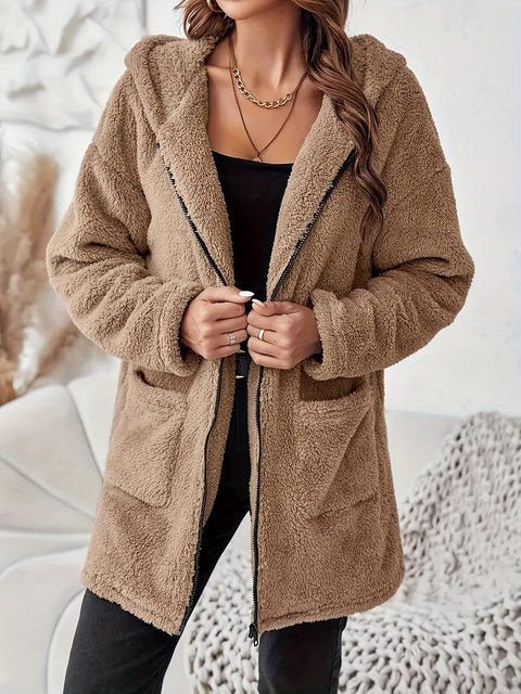 Weicher Plüsch Winterjacke mit Reißverschluss und Taschen - Warme und Bequeme Jacke für Kalte Tage