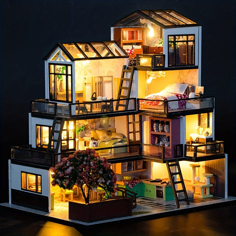 Miniatur Villa 3D Puzzle Kit – Handgefertigtes Modell mit LED Beleuchtung und Detaillierter Innenausstattung