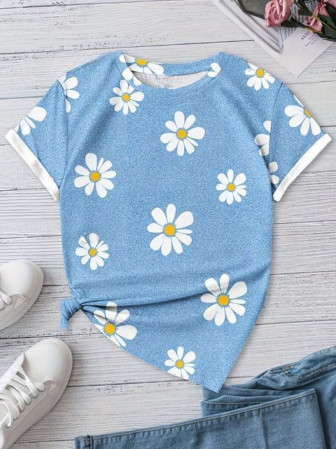 Madeliefchen Blumenmuster Crewneck T-Shirt – Lässig und Atmungsaktiv für Frühling und Sommer