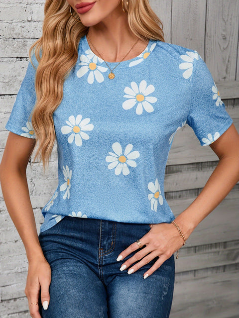Madeliefchen Blumenmuster Crewneck T-Shirt – Lässig und Atmungsaktiv für Frühling und Sommer