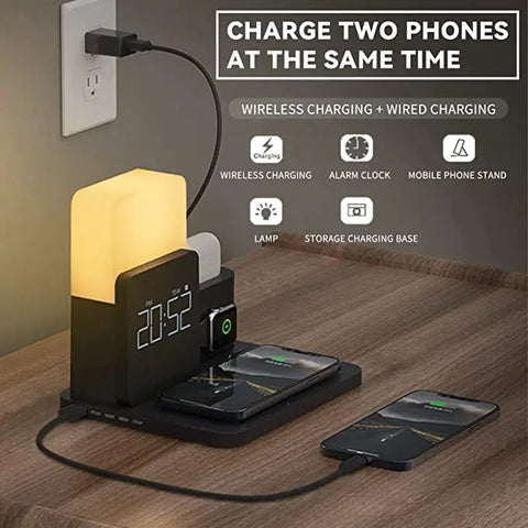 Multifunktionale Drahtlose Ladestation – Inklusive Lampe und Wecker