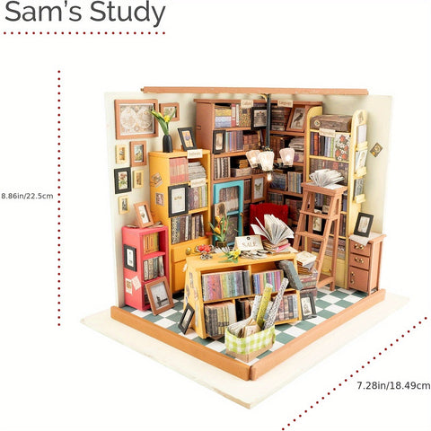 DIY Miniaturhaus Kit – Sams Arbeitszimmer mit Detaillierten Bücherregalen und Möbeln