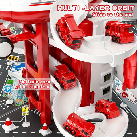 AdventurePlay Flugzeug & Feuerwehrfahrzeuge Spielset - Rennbahn und Garage für Kinder