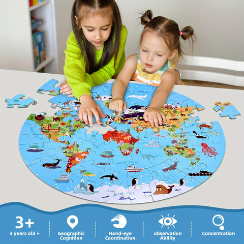 70-teilige Tierbodenpuzzle – Rundes Weltkarten-Design für Kinder