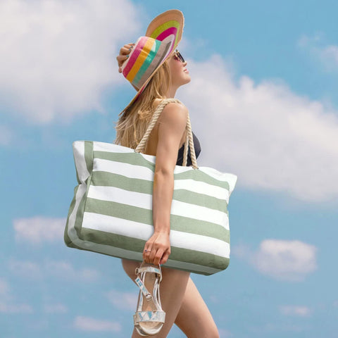 Gestreifte Große Kapazität Strandtasche – Langlebiges Polyester mit Reißverschluss