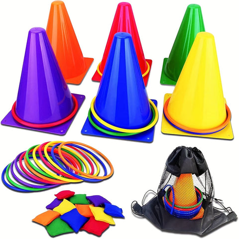 Bunte Ringwurfspiel-Set – Kegel, Ringe und Stoffbeutel für Familienvergnügen