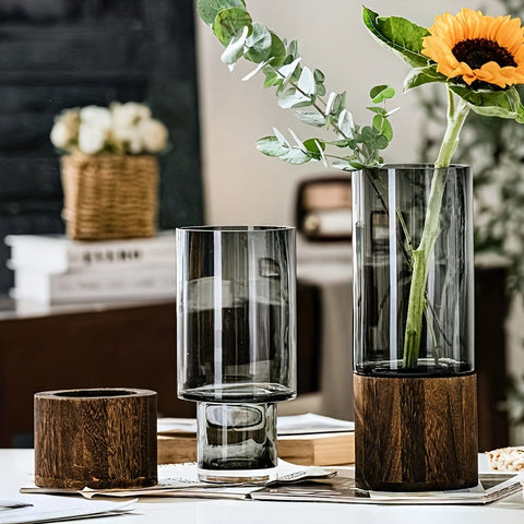 Luxe Glasvase mit Holzfuß - Elegant und Modern