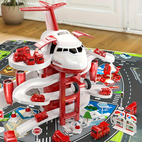 AdventurePlay Flugzeug & Feuerwehrfahrzeuge Spielset - Rennbahn und Garage für Kinder
