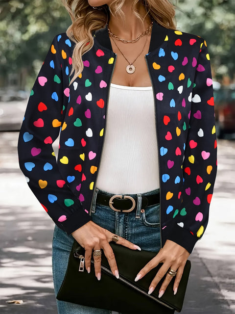 Fröhliche Herzchen Bomberjacke – Stilvolle und Bequeme Zip-up Jacke für Frühling und Herbst