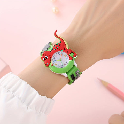Dinosaurier Kinderuhr für Kinder - Lustiger Cartoon Tyrannosaurus Rex mit Silikonarmband
