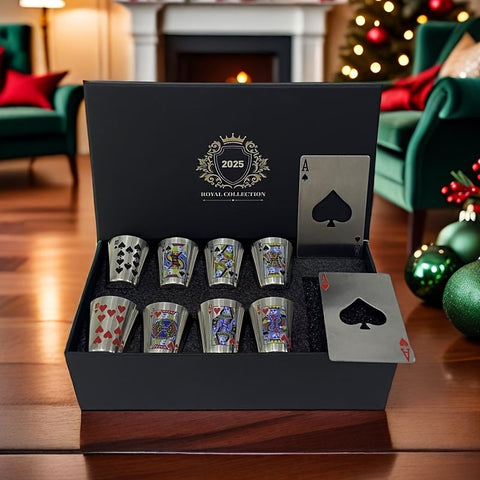 Königliche Spielkarten Whiskey Glas Set – Edelstahl & Flaschenöffner