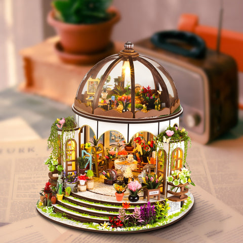 Miniatur Blumenhaus – 3D Holzpuzzle mit LED-Beleuchtung und detailliertem Garten
