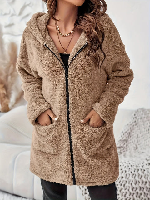 Weicher Plüsch Winterjacke mit Reißverschluss und Taschen - Warme und Bequeme Jacke für Kalte Tage