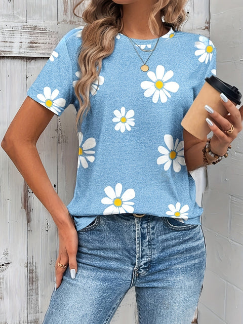Madeliefchen Blumenmuster Crewneck T-Shirt – Lässig und Atmungsaktiv für Frühling und Sommer
