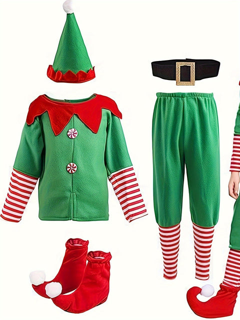 Lustiges Weihnachts-Elfen-Outfit für Kinder - Komplett mit Hut, Oberteil, Hose und Schuhüberzügen