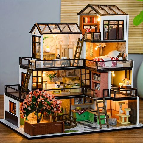 Miniatur Villa 3D Puzzle Kit – Handgefertigtes Modell mit LED Beleuchtung und Detaillierter Innenausstattung
