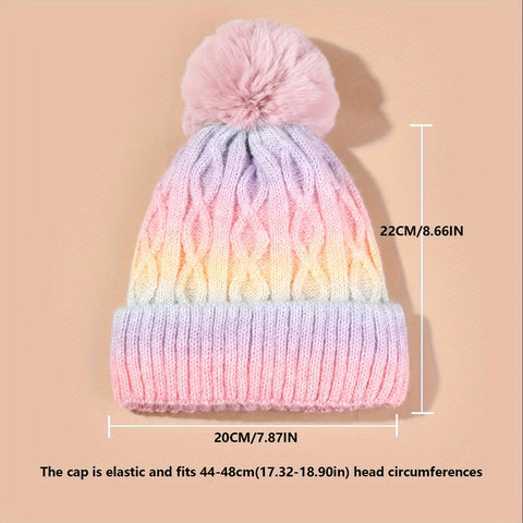 Lana Regenbogen-Mütze für Mädchen - Strickmütze mit Pompon und dickem Material für den Winter