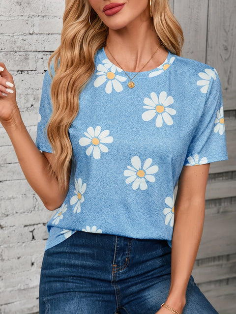 Madeliefchen Blumenmuster Crewneck T-Shirt – Lässig und Atmungsaktiv für Frühling und Sommer