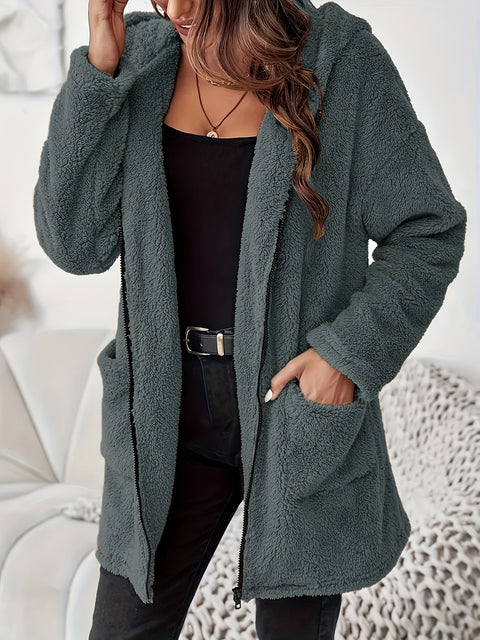 Weicher Plüsch Winterjacke mit Reißverschluss und Taschen - Warme und Bequeme Jacke für Kalte Tage