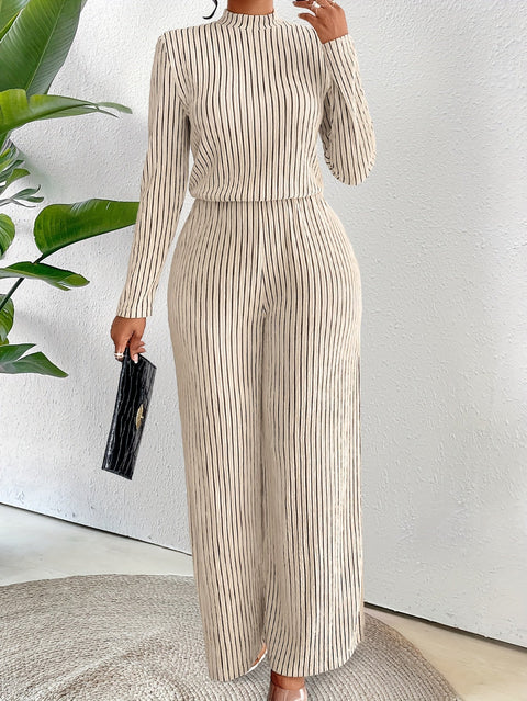 Eleganter Rippstrick-Overall für Damen – Gestreift, Lange Ärmel und Hoher Kragen