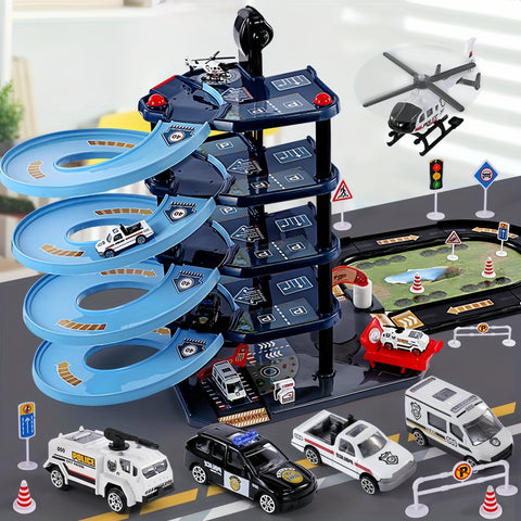 FirePark Garage Spielset - Mehrere Etagen mit Feuerwehrfahrzeugen und Verkehrsschildern