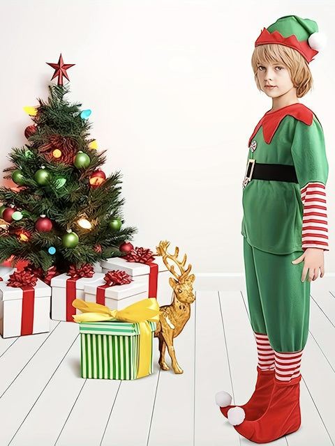 Lustiges Weihnachts-Elfen-Outfit für Kinder - Komplett mit Hut, Oberteil, Hose und Schuhüberzügen