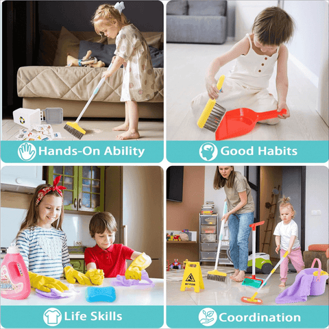 Reinigungs-Spielset für Kinder – Verstellbarer Mop, Besen und Kehrschaufel Set