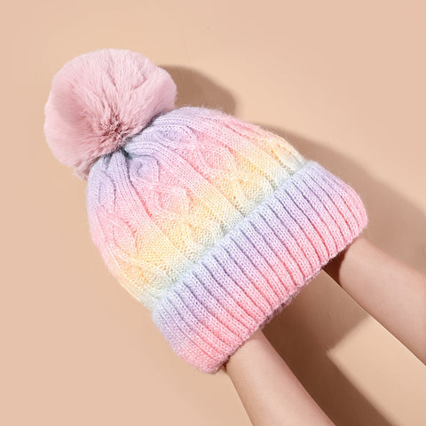 Lana Regenbogen-Mütze für Mädchen - Strickmütze mit Pompon und dickem Material für den Winter