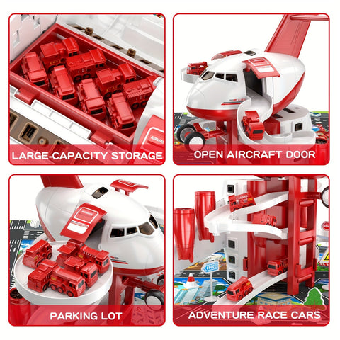 AdventurePlay Flugzeug & Feuerwehrfahrzeuge Spielset - Rennbahn und Garage für Kinder
