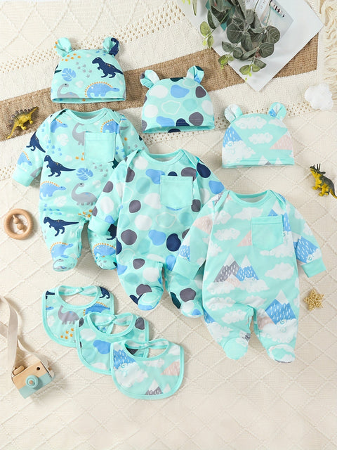 9-teiliges Babyoutfit Set mit Dinosauriern, Wolken und Punkten – Inklusive Body, Mütze und Lätzchen