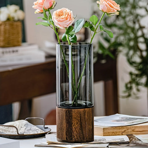 Luxe Glasvase mit Holzfuß - Elegant und Modern