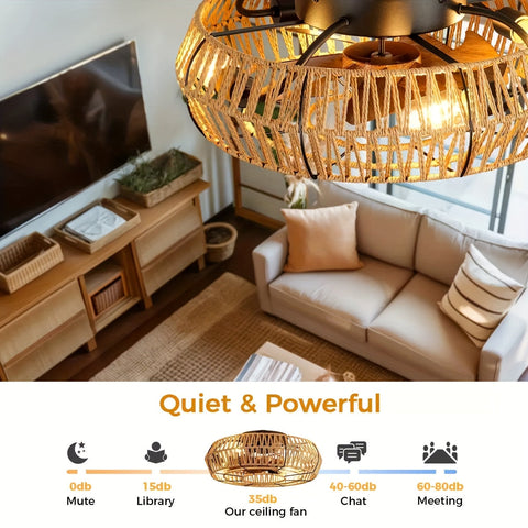 Handgewebter Rattan-Deckenventilator – Zen Stil und Funktionalität