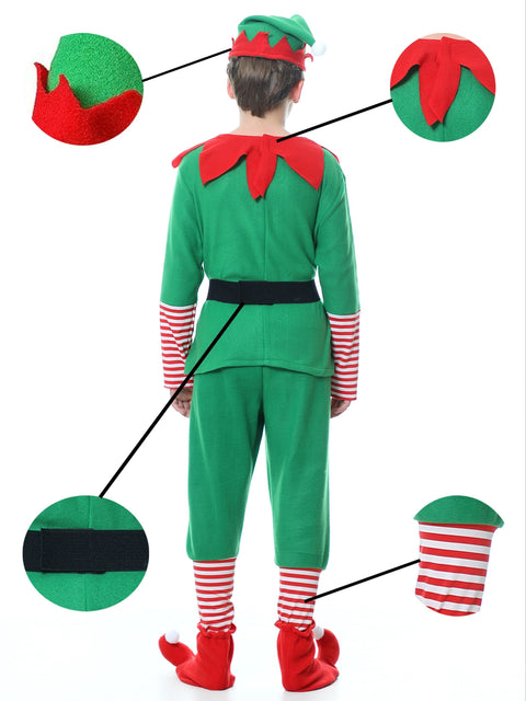 Lustiges Weihnachts-Elfen-Outfit für Kinder - Komplett mit Hut, Oberteil, Hose und Schuhüberzügen